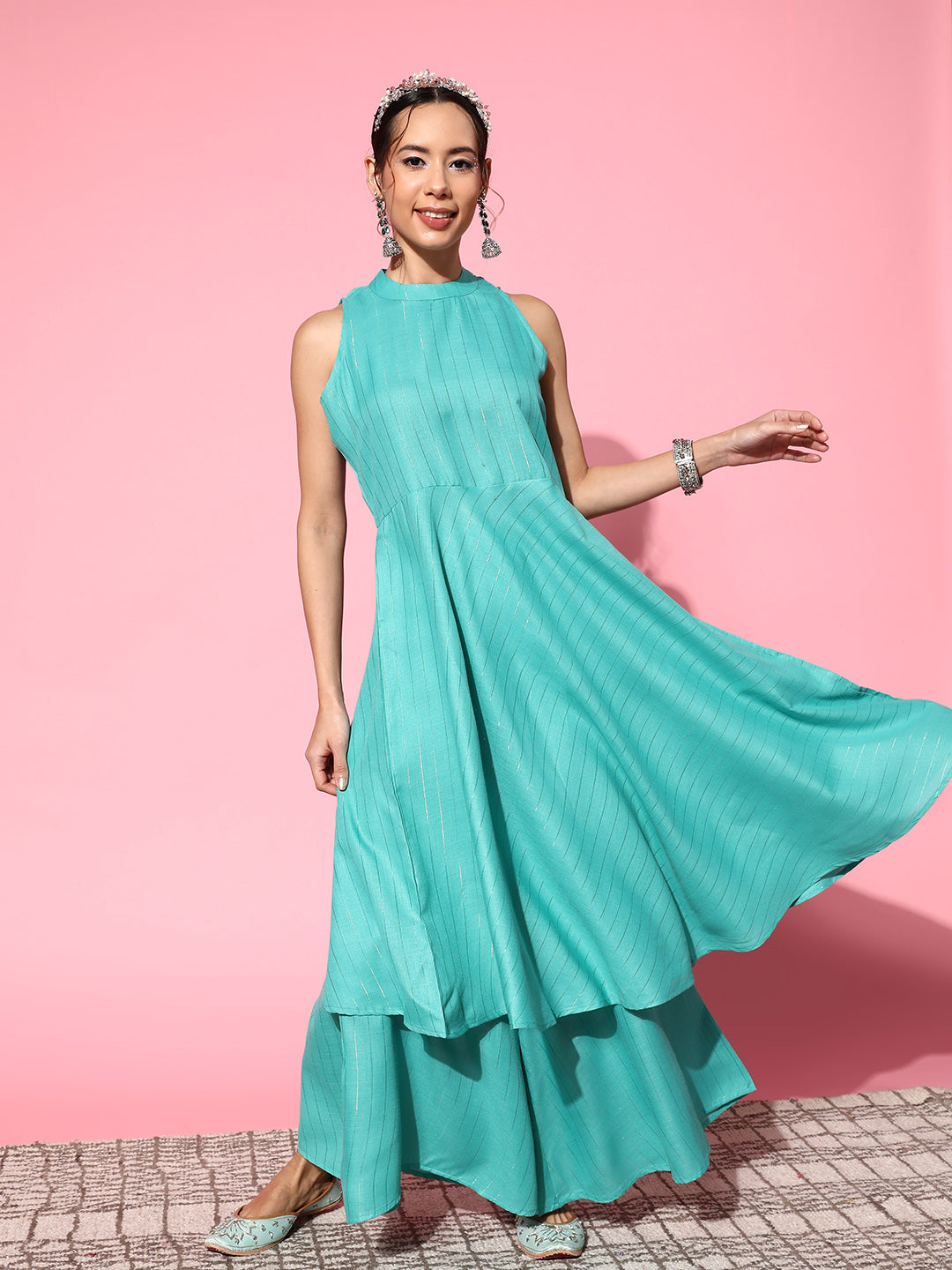 InWeave Women's Teal Lurex Boho Sleevless Kurta Set - Swadesiicart