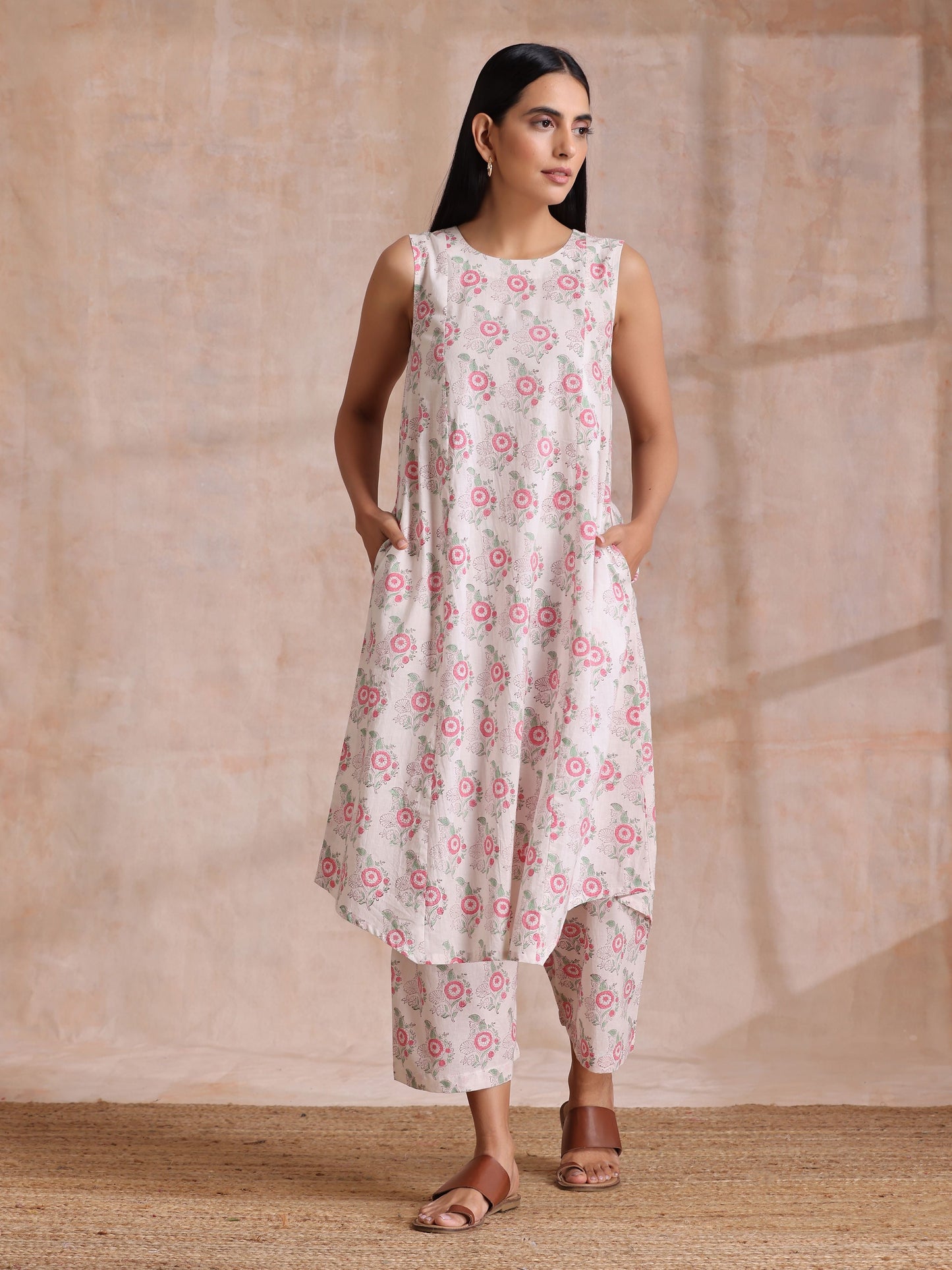 trueBrowns Pink Green Buta On White Block Print Cotton High-Low Co-Ord Set - Swadesiicart