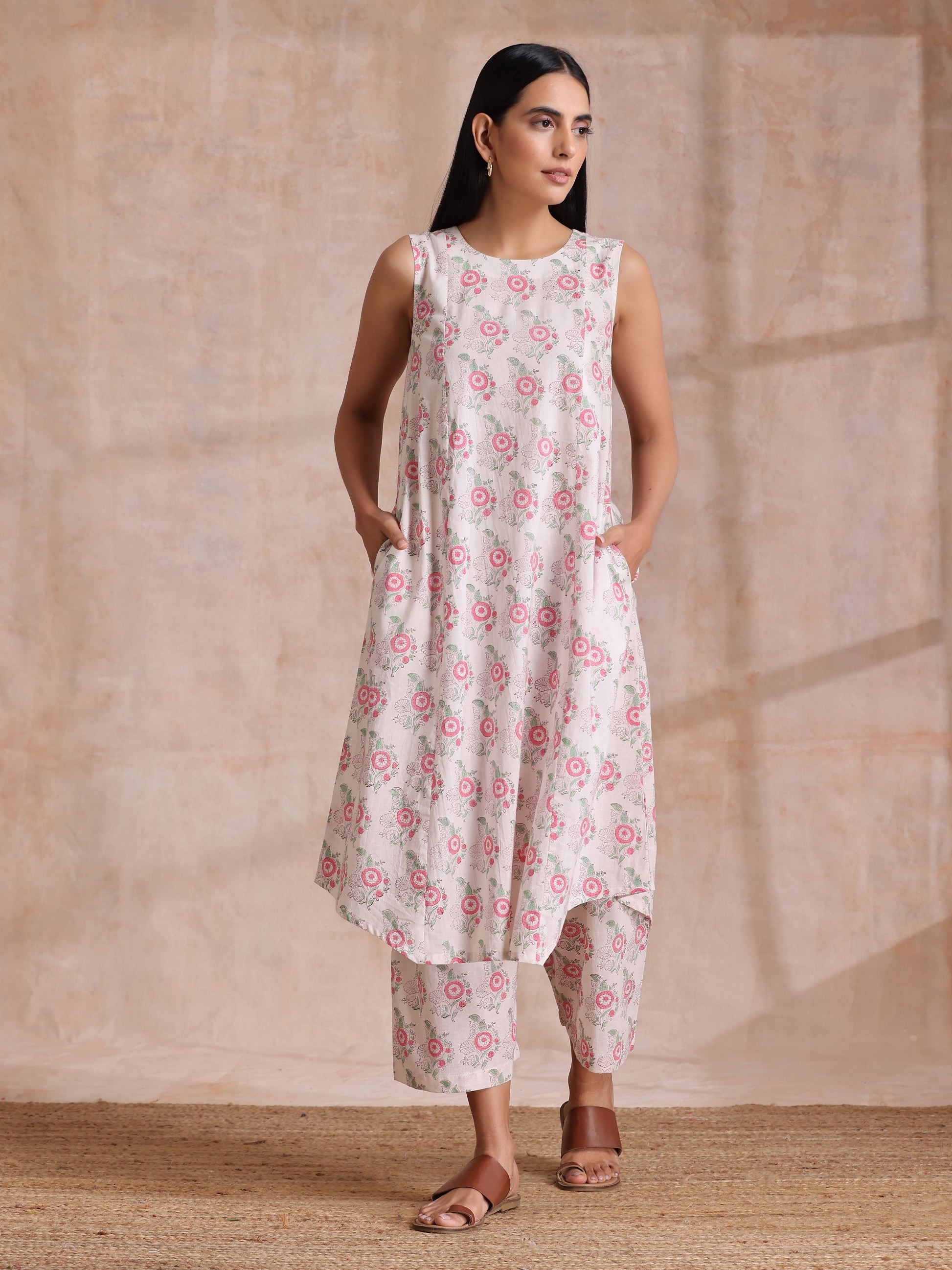 trueBrowns Pink Green Buta On White Block Print Cotton High-Low Co-Ord Set - Swadesiicart