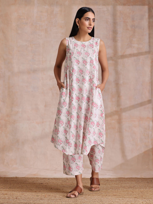 trueBrowns Pink Green Buta On White Block Print Cotton High-Low Co-Ord Set - Swadesiicart