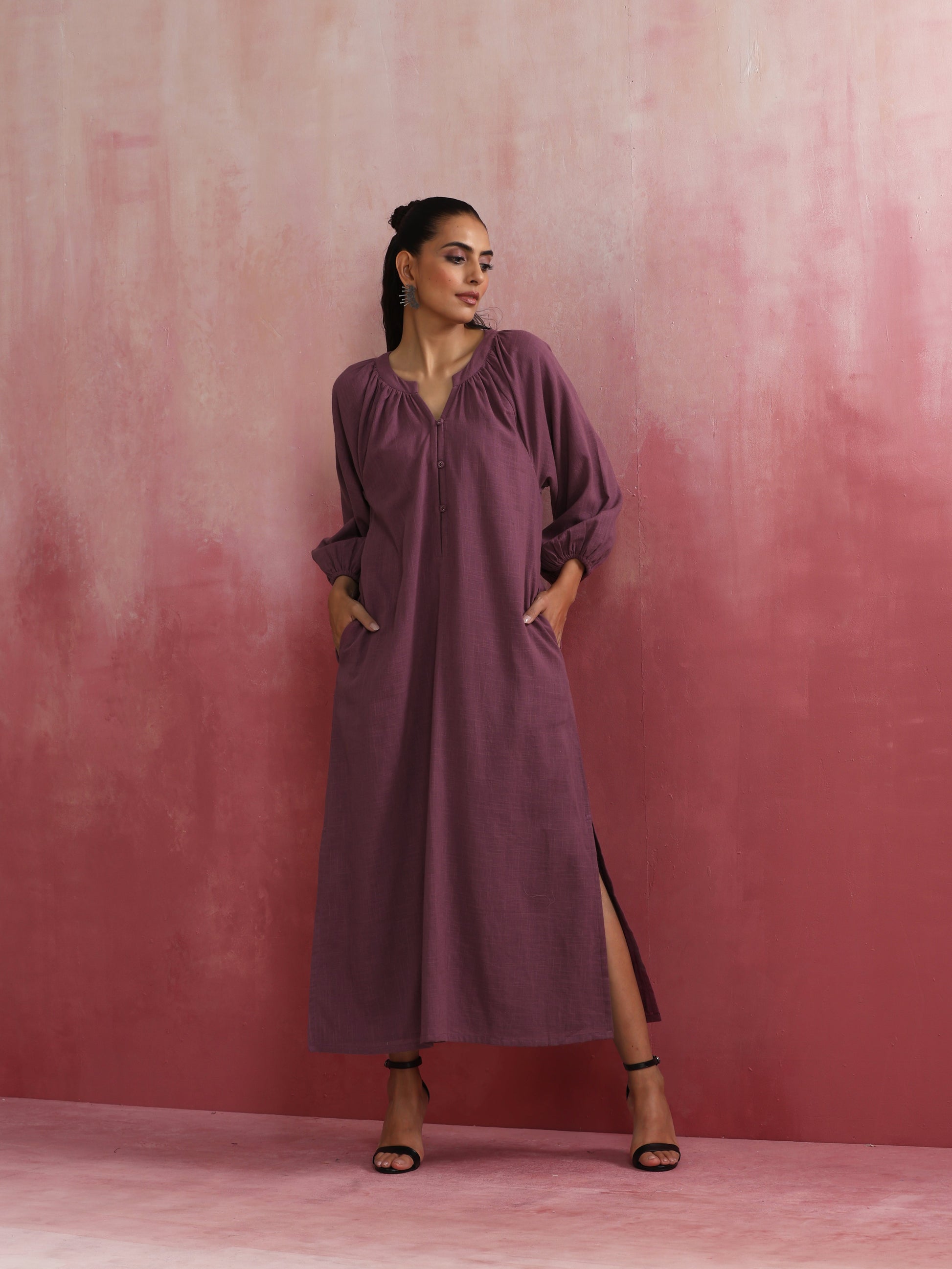 trueBrowns Light Purple Cotton Dobby Dress | Swadesiicart