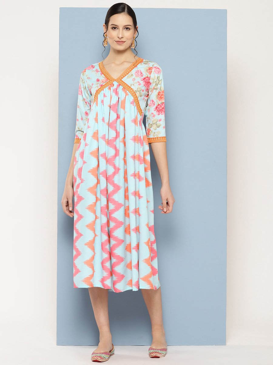 Ahalyaa Floral Printed Midi Empire Ethnic Dress | Swadesiicart
