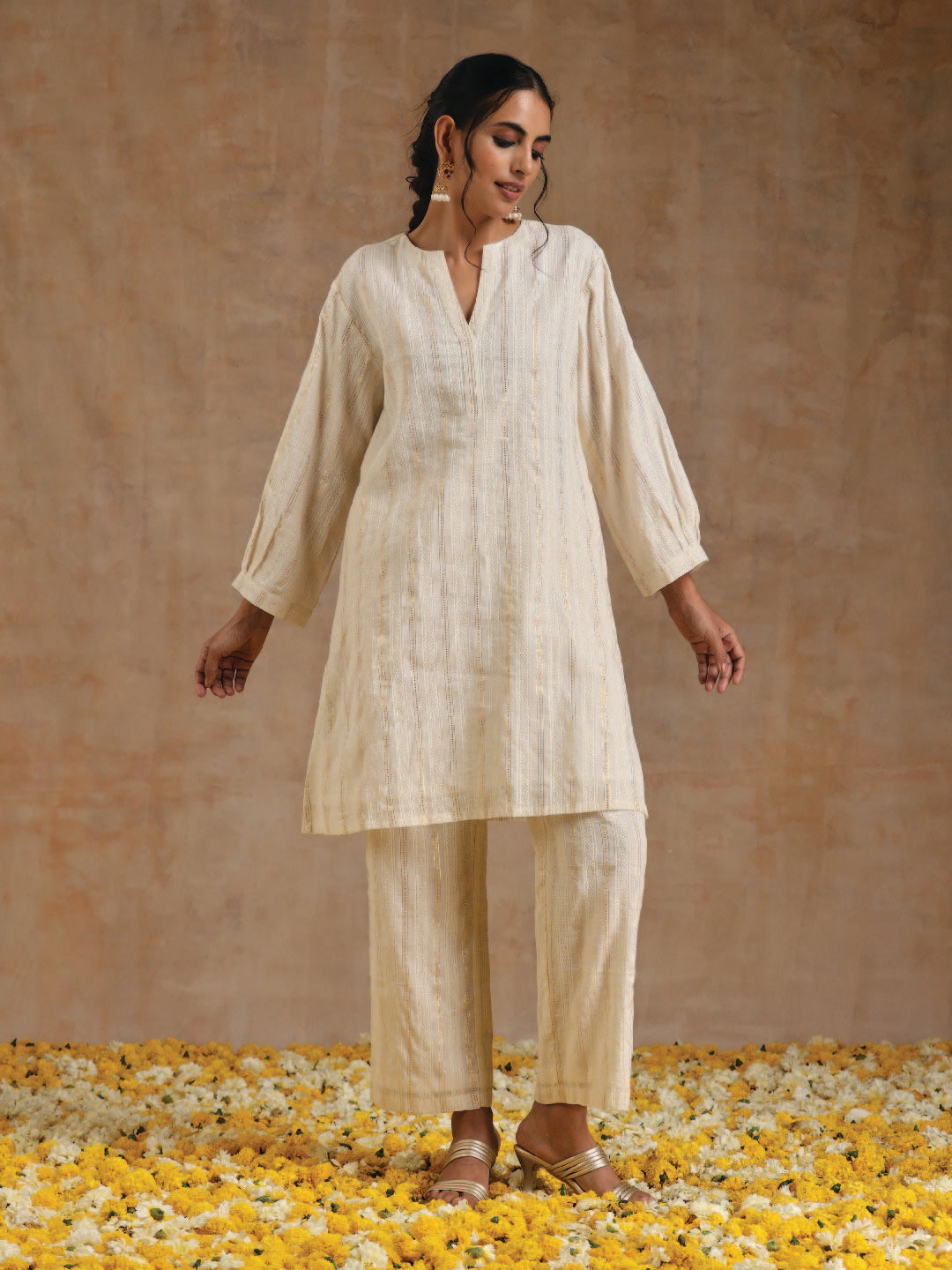 trueBrowns Ivory Gold Cotton Relaxed Co-Ord Set - Swadesiicart