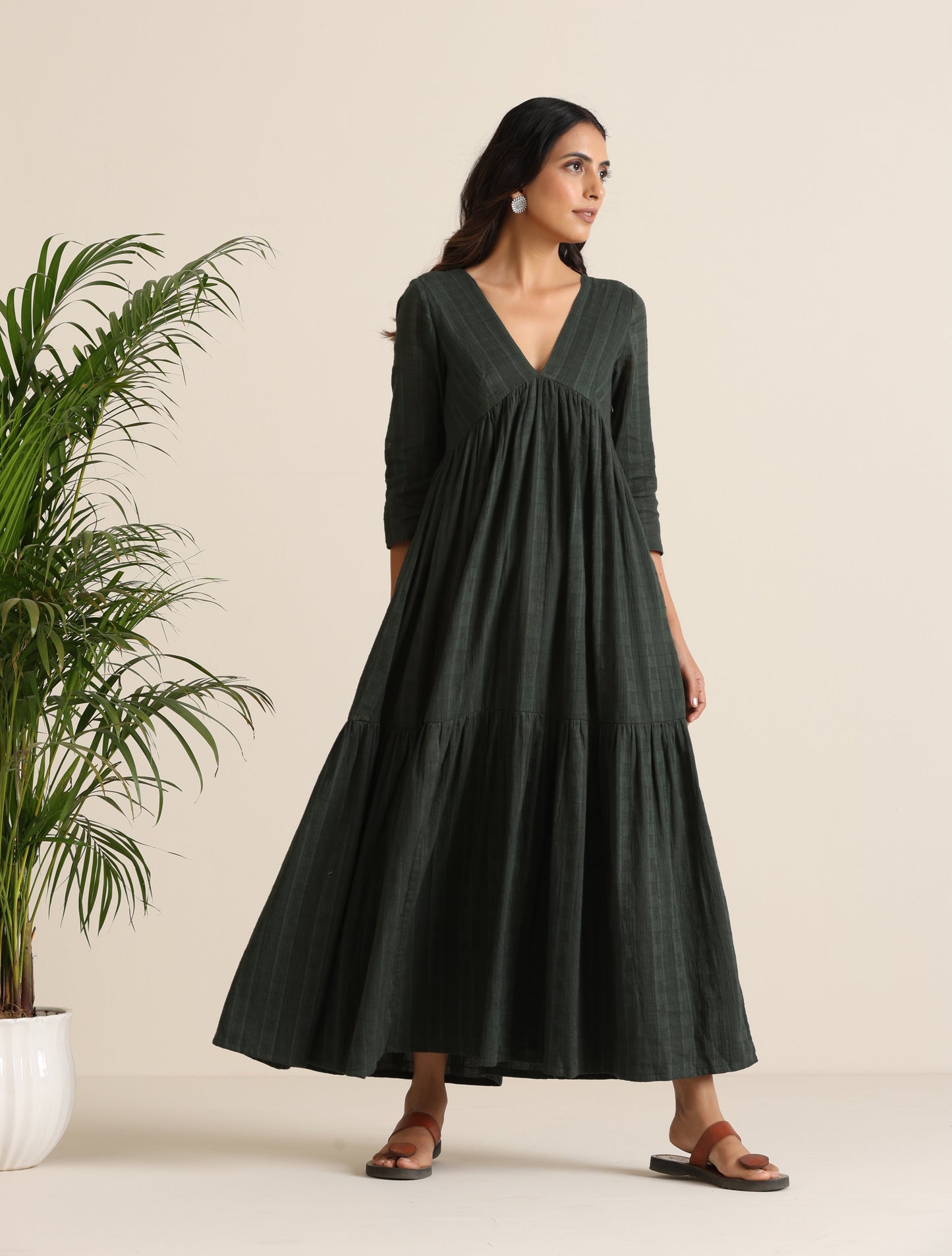 trueBrowns Charcoal Cotton Dobby Tiered Dress - Swadesiicart