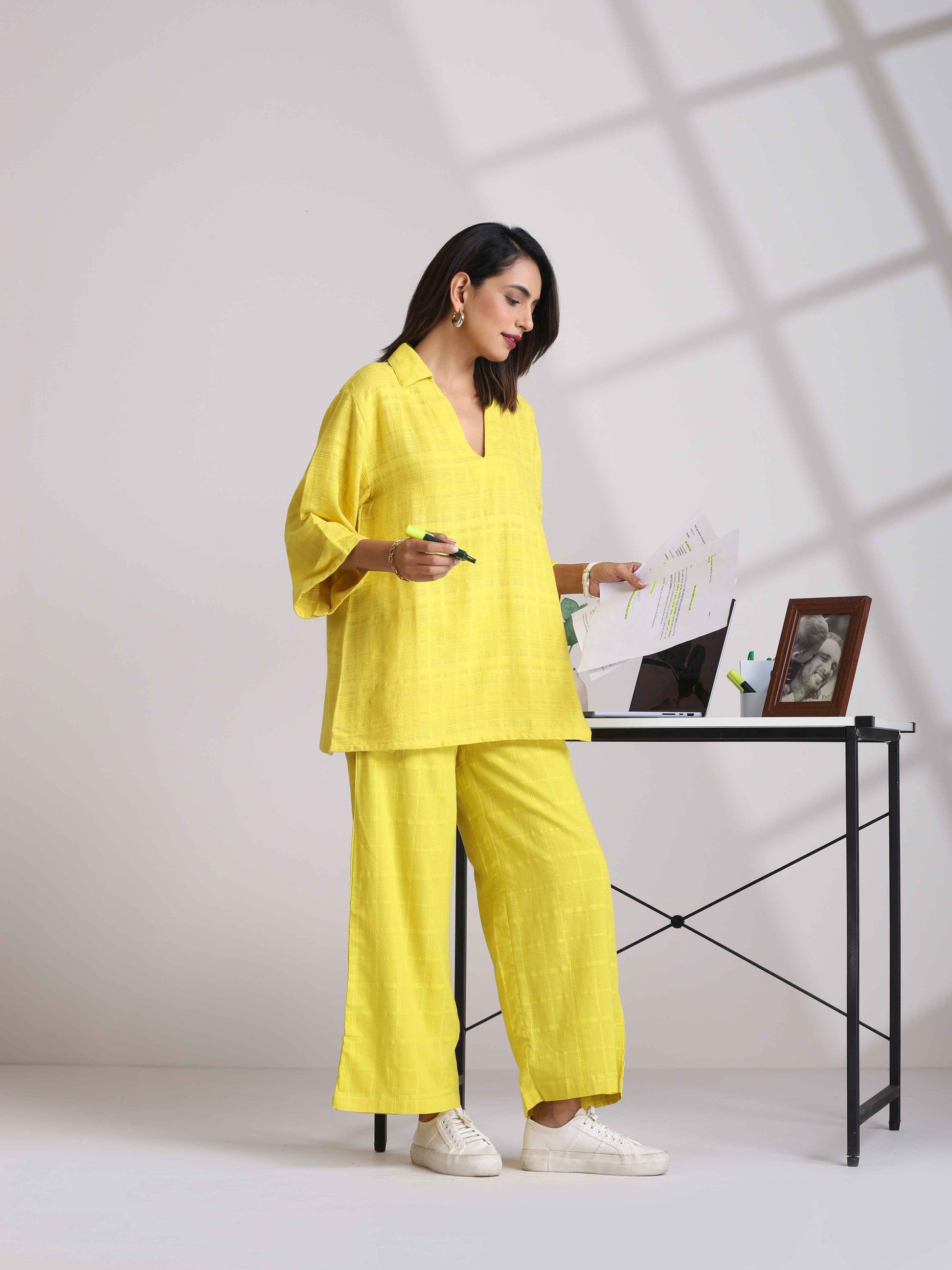 trueBrowns Lime Cotton Dobby V-Neck Co-ord Set - Swadesiicart