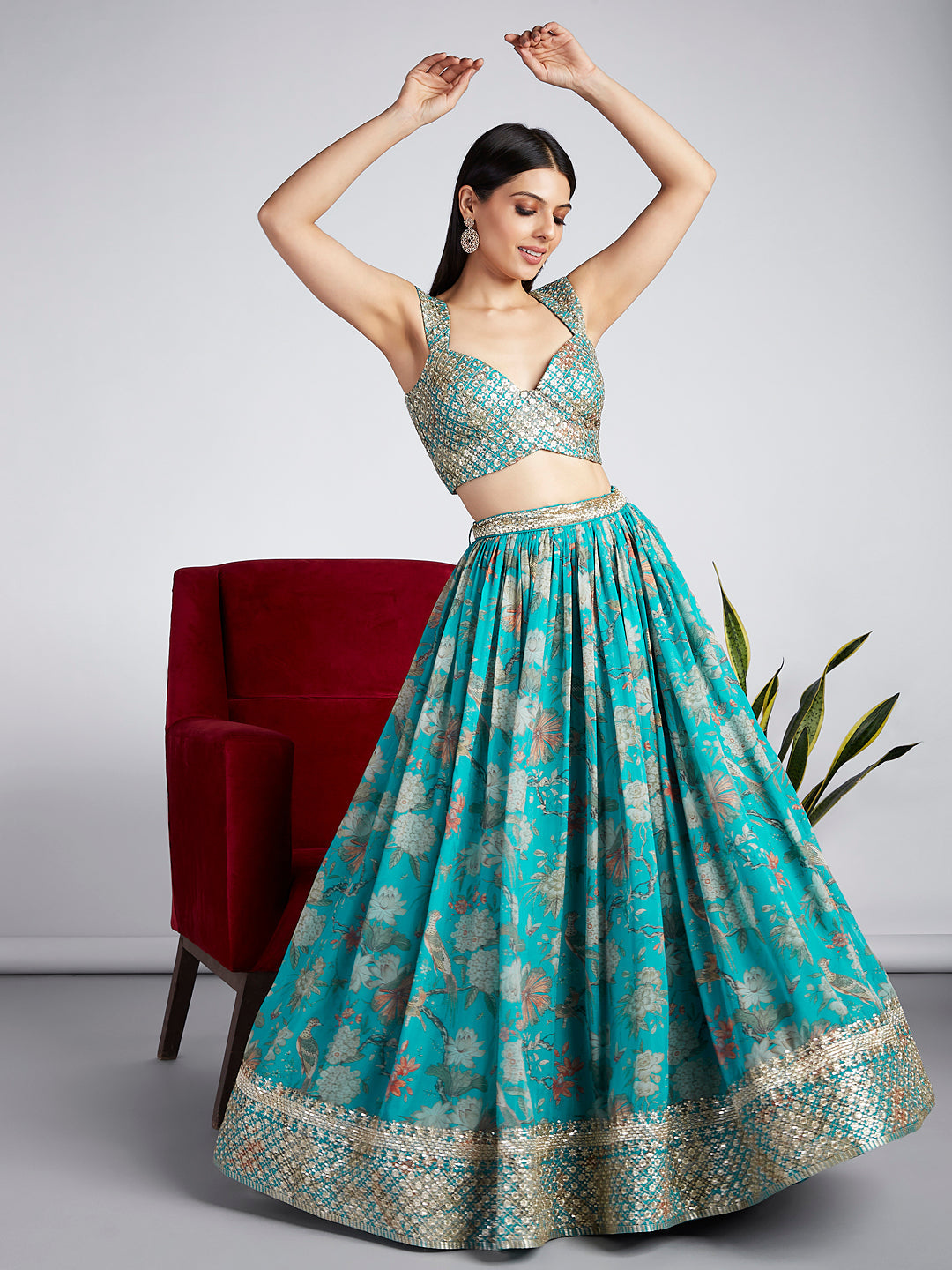 House of Panchhi Sea Green Colour Organza Floral Design Digital Print Lehenga Choli & Dupatta | Swadesiicart
