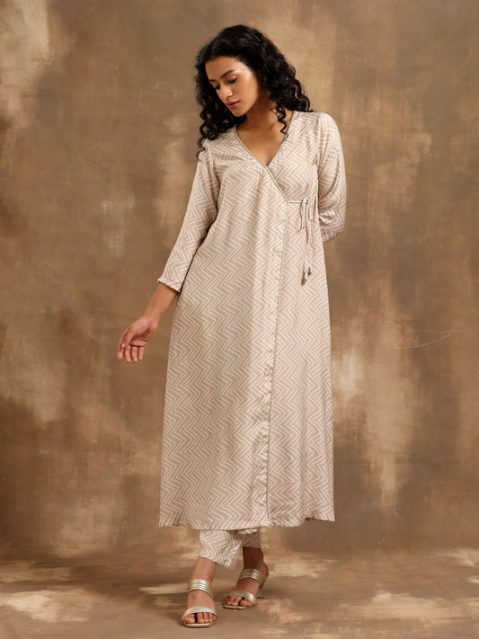 trueBrowns Beige Zig-Zag Print Silk Angrakha Kurta Pant Set | Swadesiicart