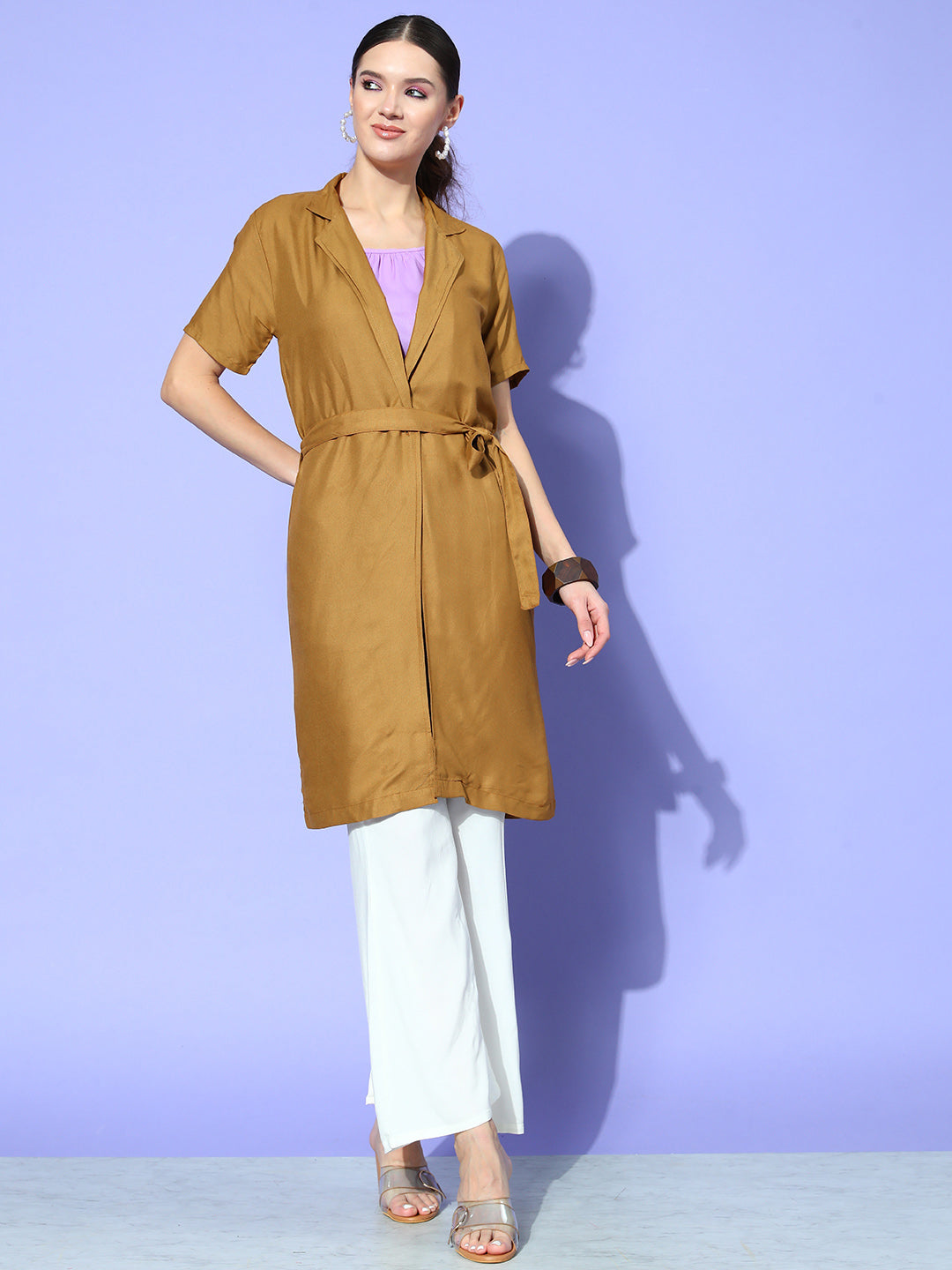 InWeave Women's Camel Brown Cream Pant Coord Set With Mauve Crop Top - Swadesiicart