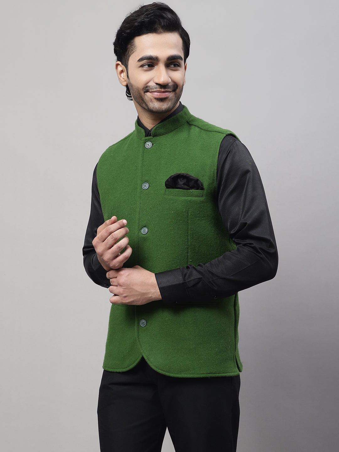 Even Apparels Men's Green Pure Wool Nehru Jacket | Swadesiicart