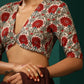 trueBrowns Ivory Red Circle Floral Muslin Silk Printed Deep V-Neck Blouse | Swadesiicart