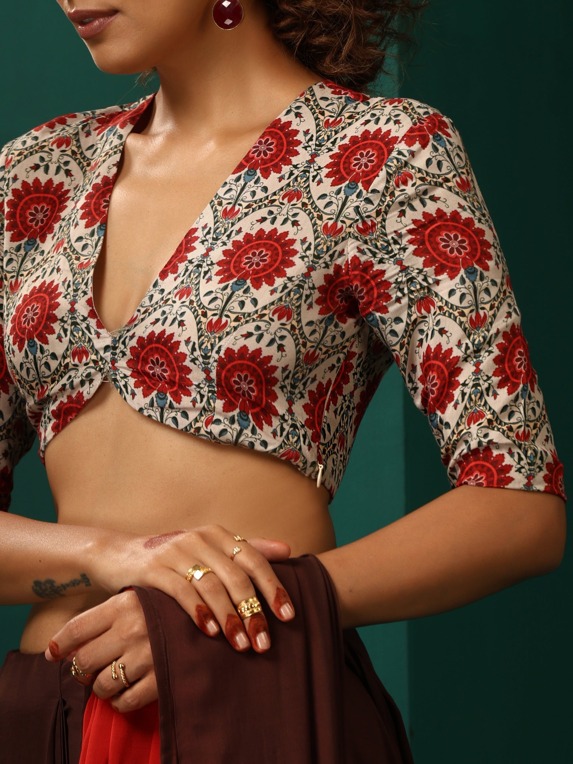trueBrowns Ivory Red Circle Floral Muslin Silk Printed Deep V-Neck Blouse | Swadesiicart