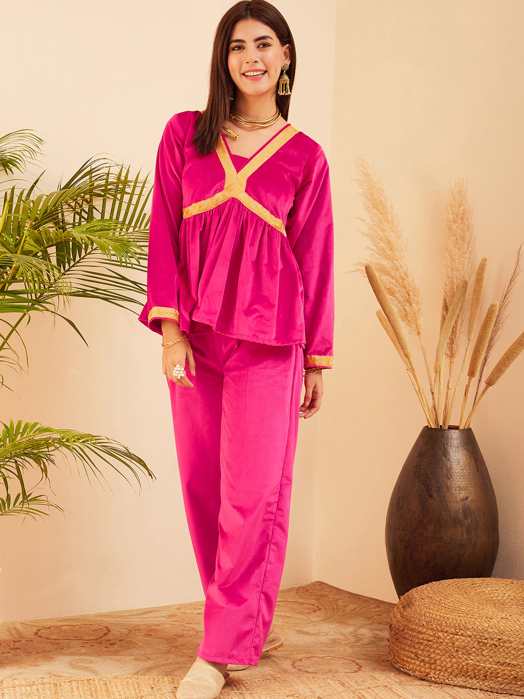 InWeave Women's Magenta Mughal Shaan Style Velvet Short Kurta Set - Swadesiicart