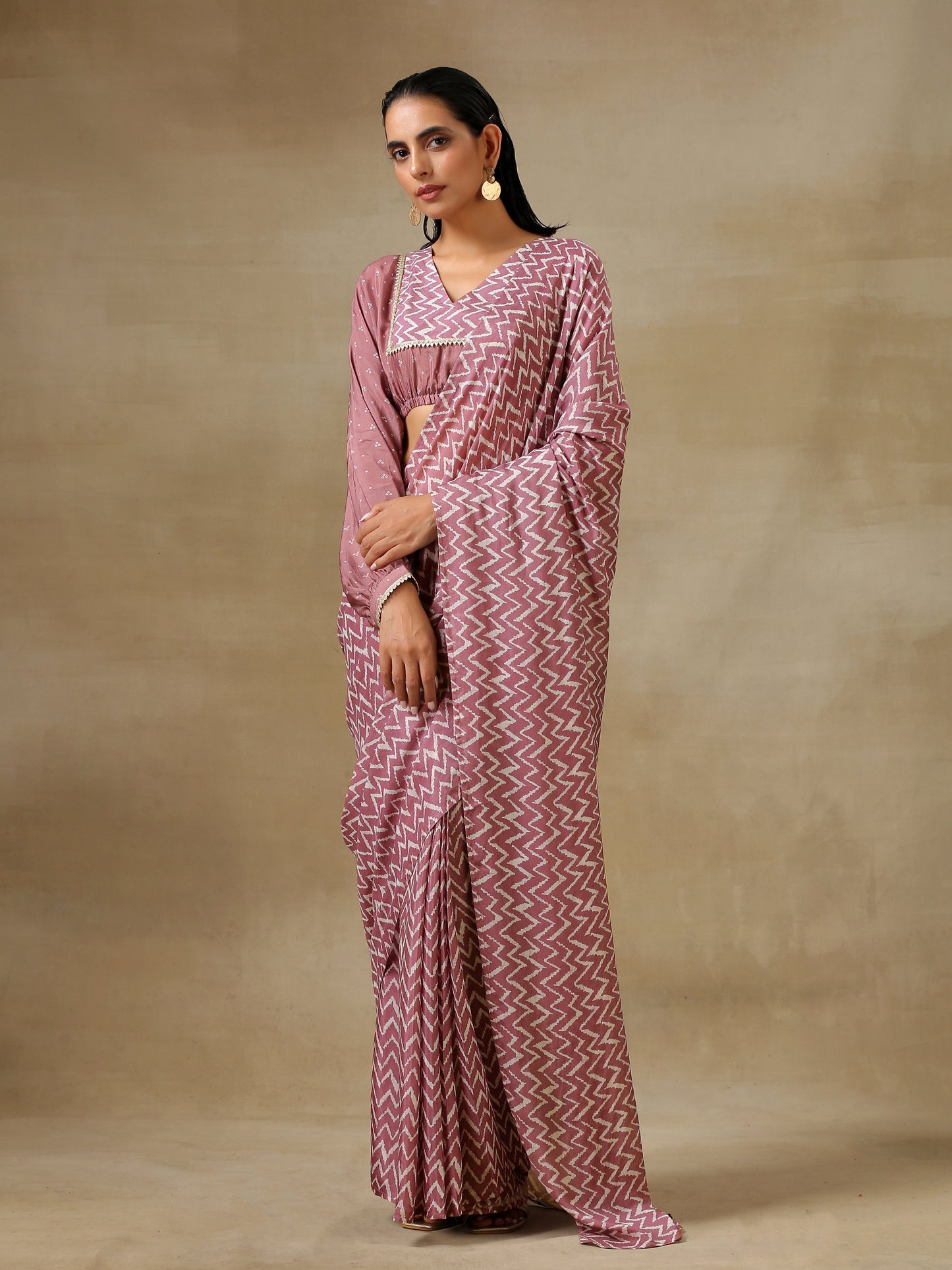 trueBrowns Dark Mauve Bandhani Printed SilkReady to Wear Saree | Swadesiicart