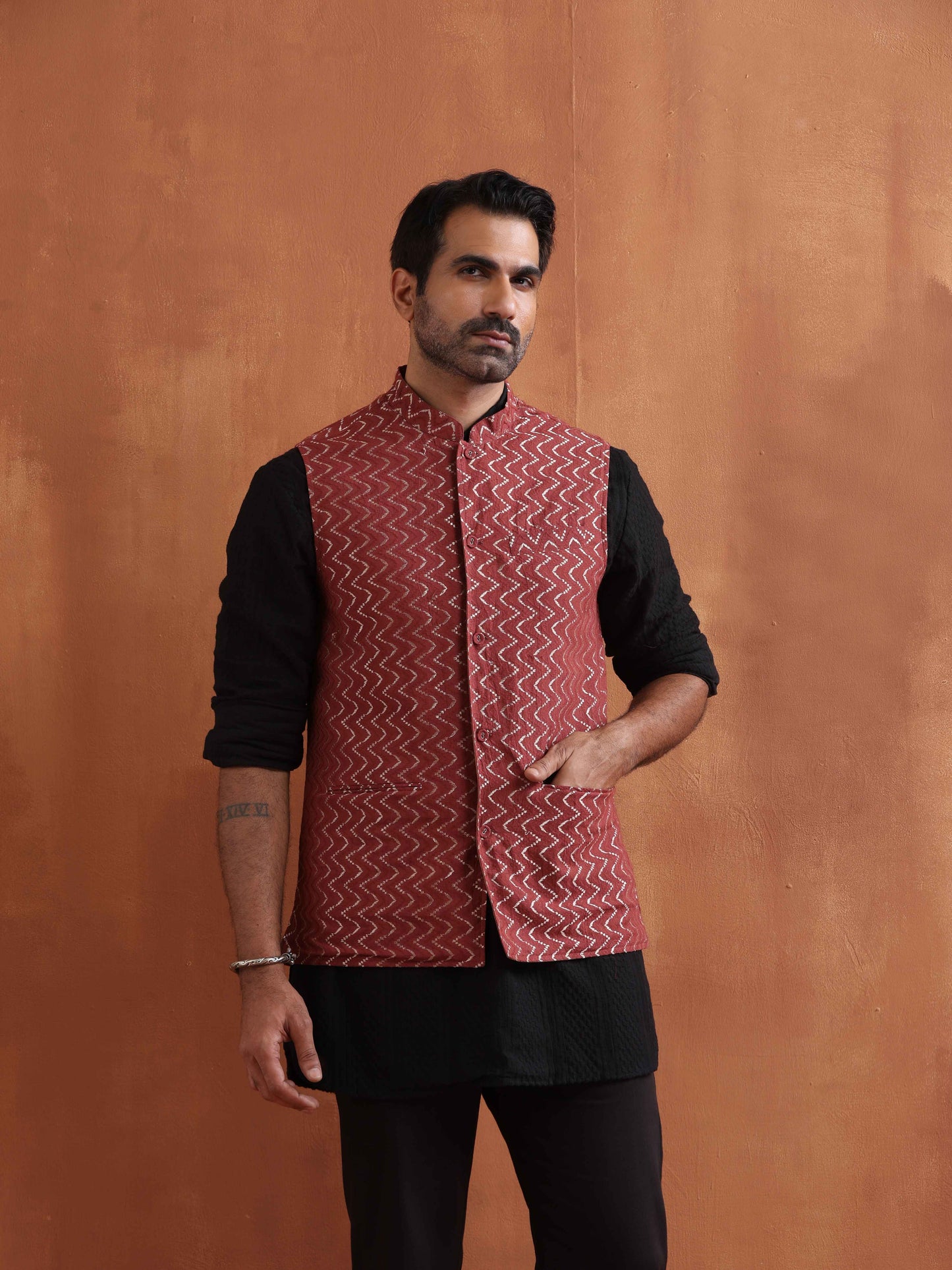 trueBrowns Men's Rust Cotton Dobby Nehru Jacket | Swadesiicart