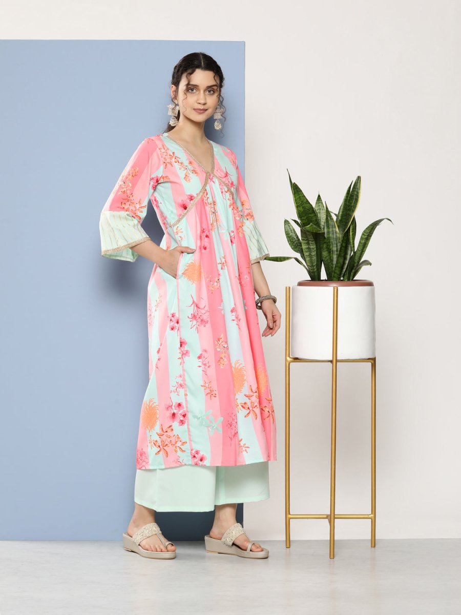 Ahalyaa Women Floral Printed Pleated Gotta Patti Kurta With Palazzos | Swadesiicart