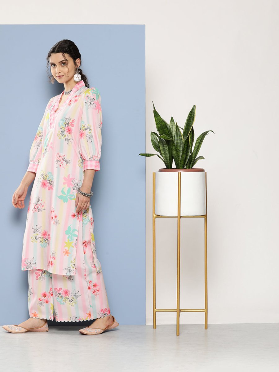 Ahalyaa Women Pink Floral Printed Gotta Patti Kurta with Palazzos | Swadesiicart