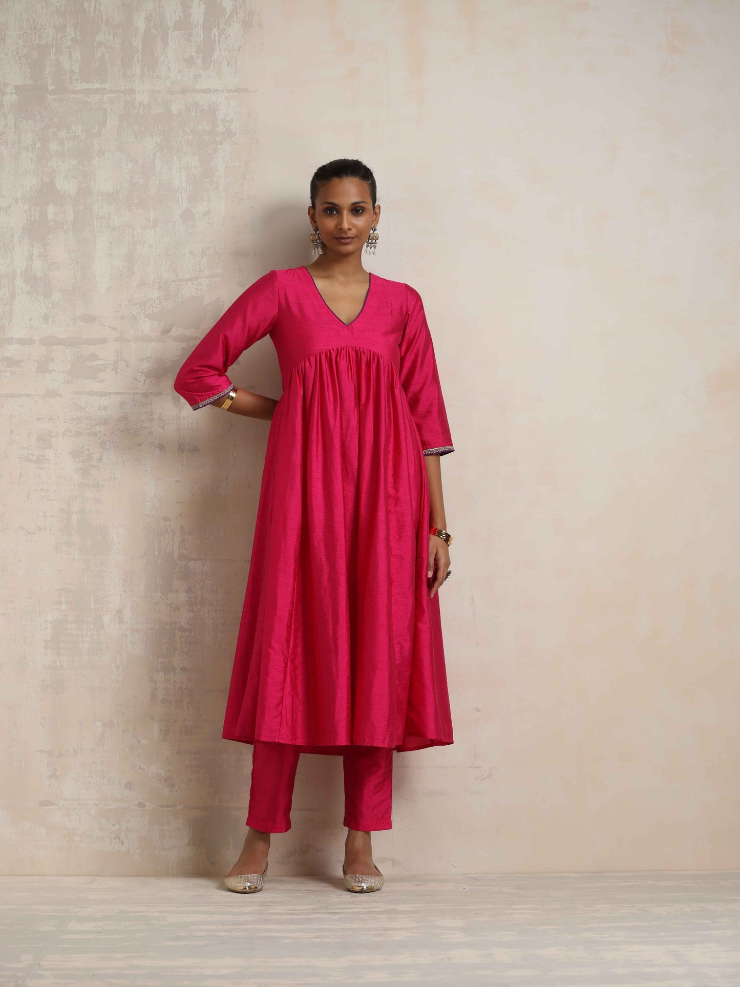 trueBrowns Pink Silk Anarkali Kurta Pant Dupatta Set | Swadesiicart