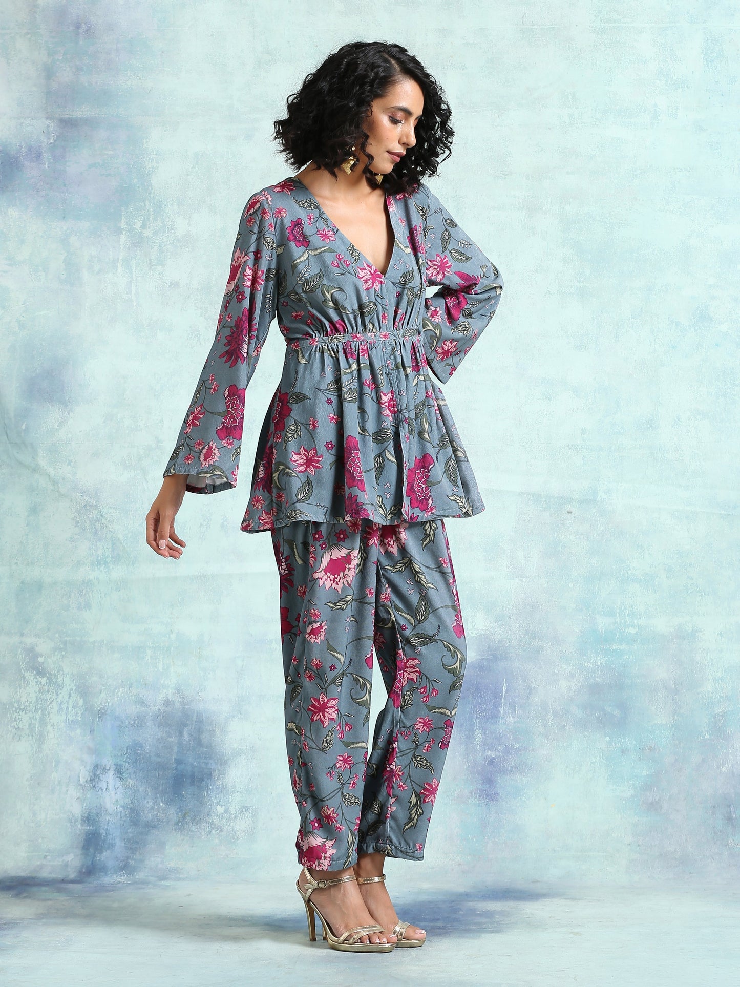 trueBrowns Grey Printed Velvet Co-Ord Set - Swadesiicart