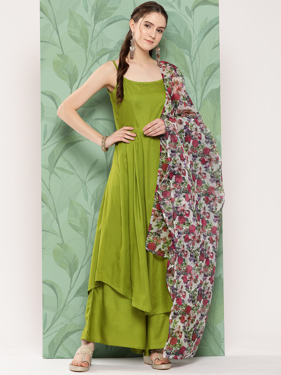 InWeave Women's Olive Strappy Set W White Pink Or Duptta - Swadesiicart