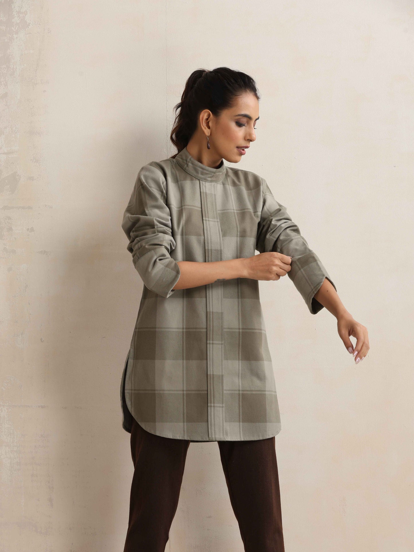 trueBrowns Green Check High Neck Winter Top | Swadesiicart