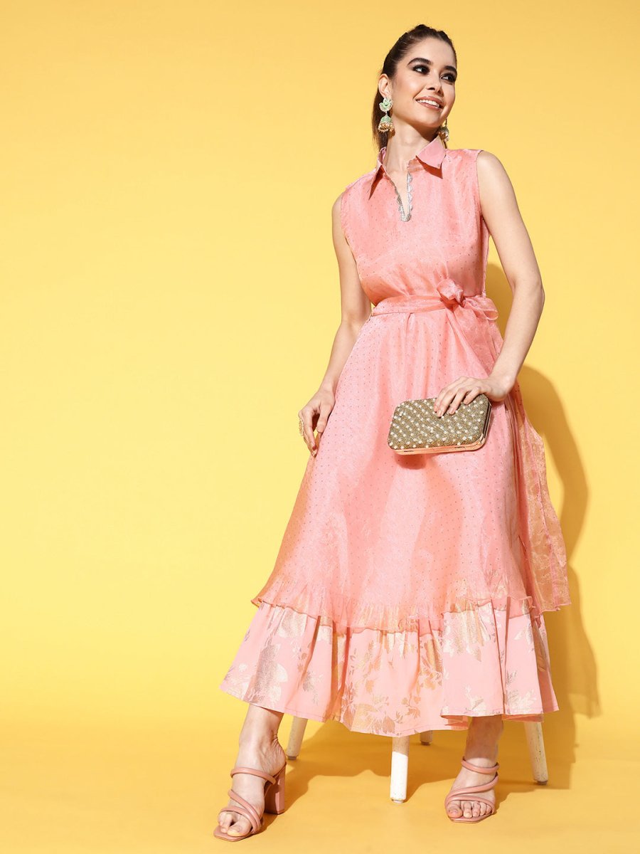 Ahalyaa Belted Tiered Empire Ethnic Dress | Swadesiicart