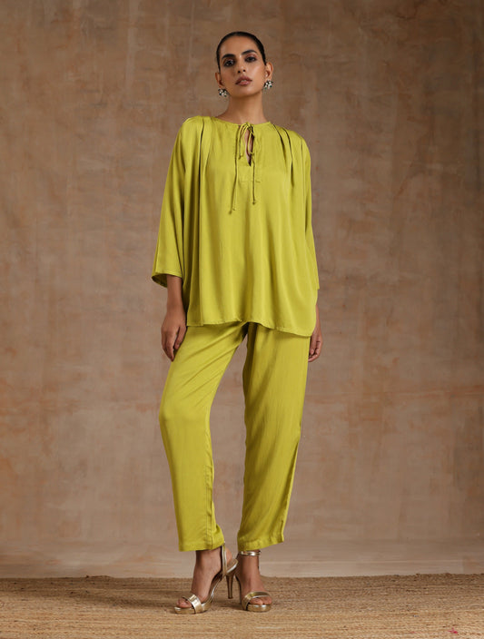 trueBrowns Lime Modal Satin Shoulder Pleat Co-Ord Set - Swadesiicart