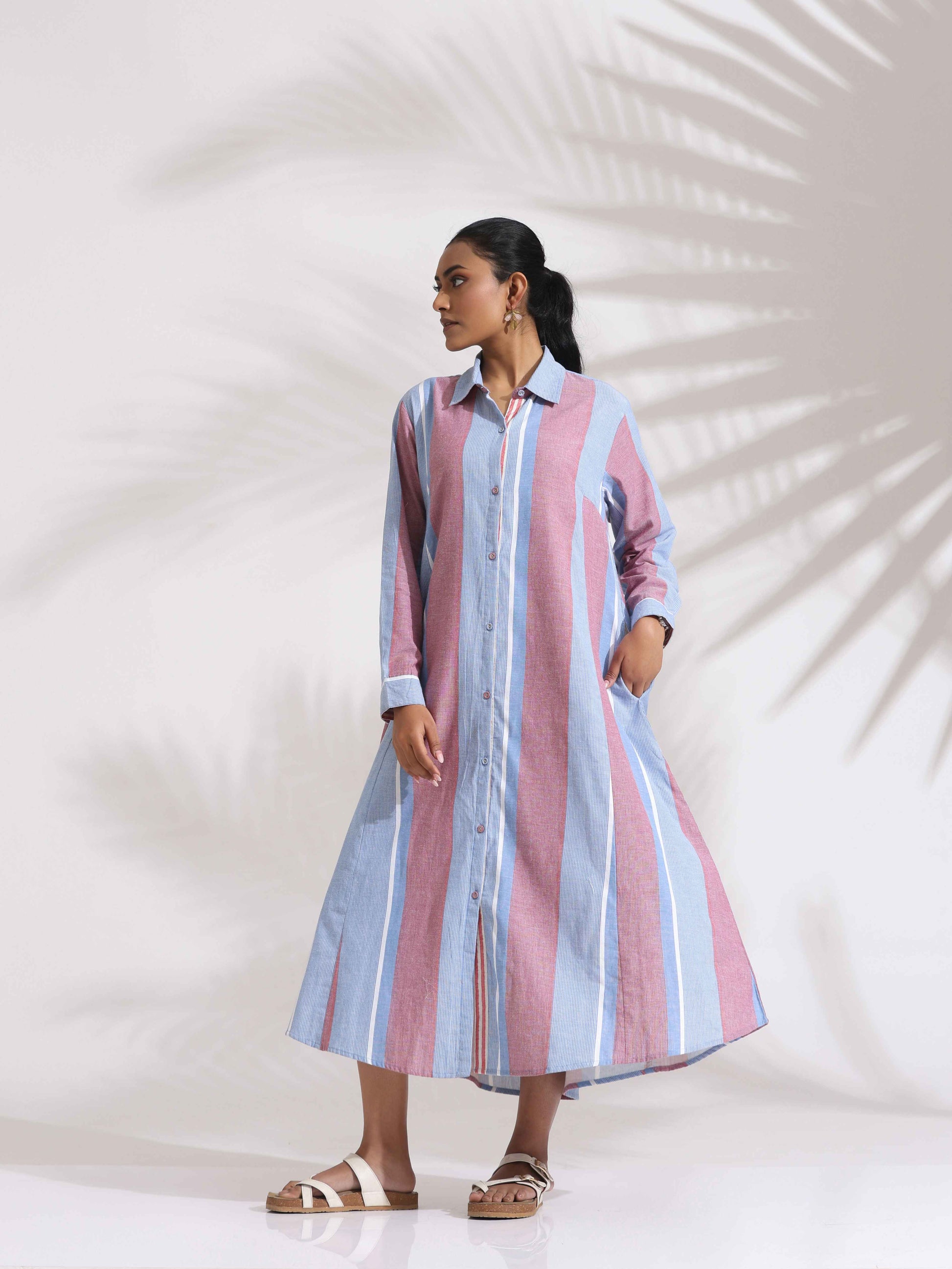 trueBrowns Blue Cotton Stripe Flared Shirt Dress | Swadesiicart