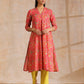 trueBrowns Flamingo Pink Overall Floral Block Print Cotton Slit Kurta Pant Set | Swadesiicart