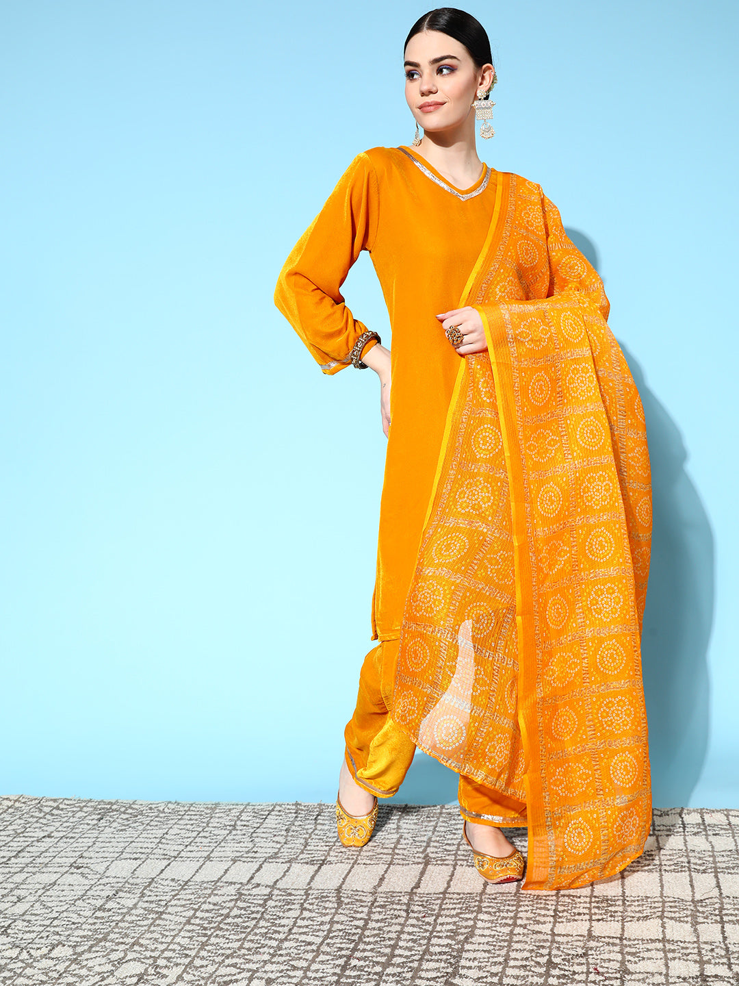 InWeave Women's Mustard Velvet Kurta Set With Mustard Kota Bandhani Dupatta - Swadesiicart