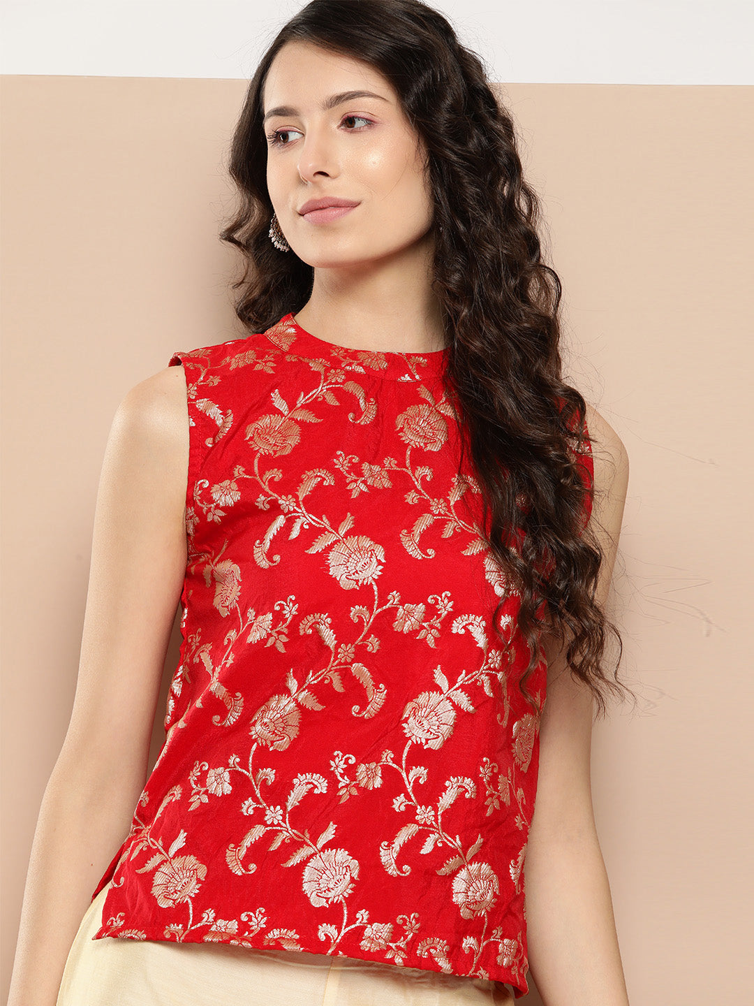 InWeave Women's Red Brocade Halter Top - Swadesiicart