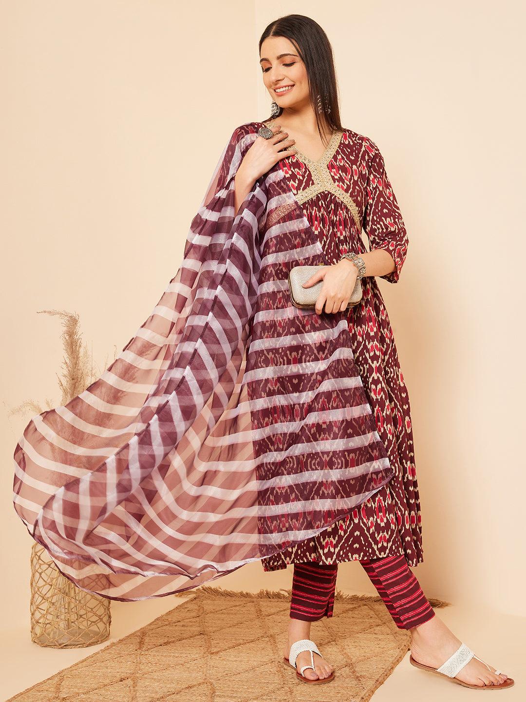 InWeave Women's Wine Ikkat Print Alia Cut Gota Work Kurta Set W Wine Leh Dup - Swadesiicart