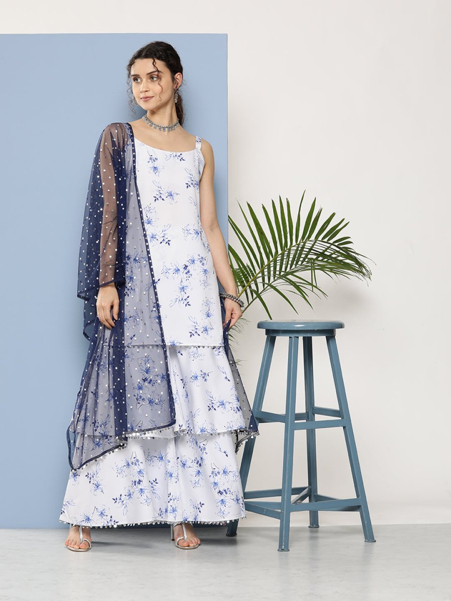 Ahalyaa Women White Floral Printed Sequinned Kurta with Sharara & With Dupatta | Swadesiicart
