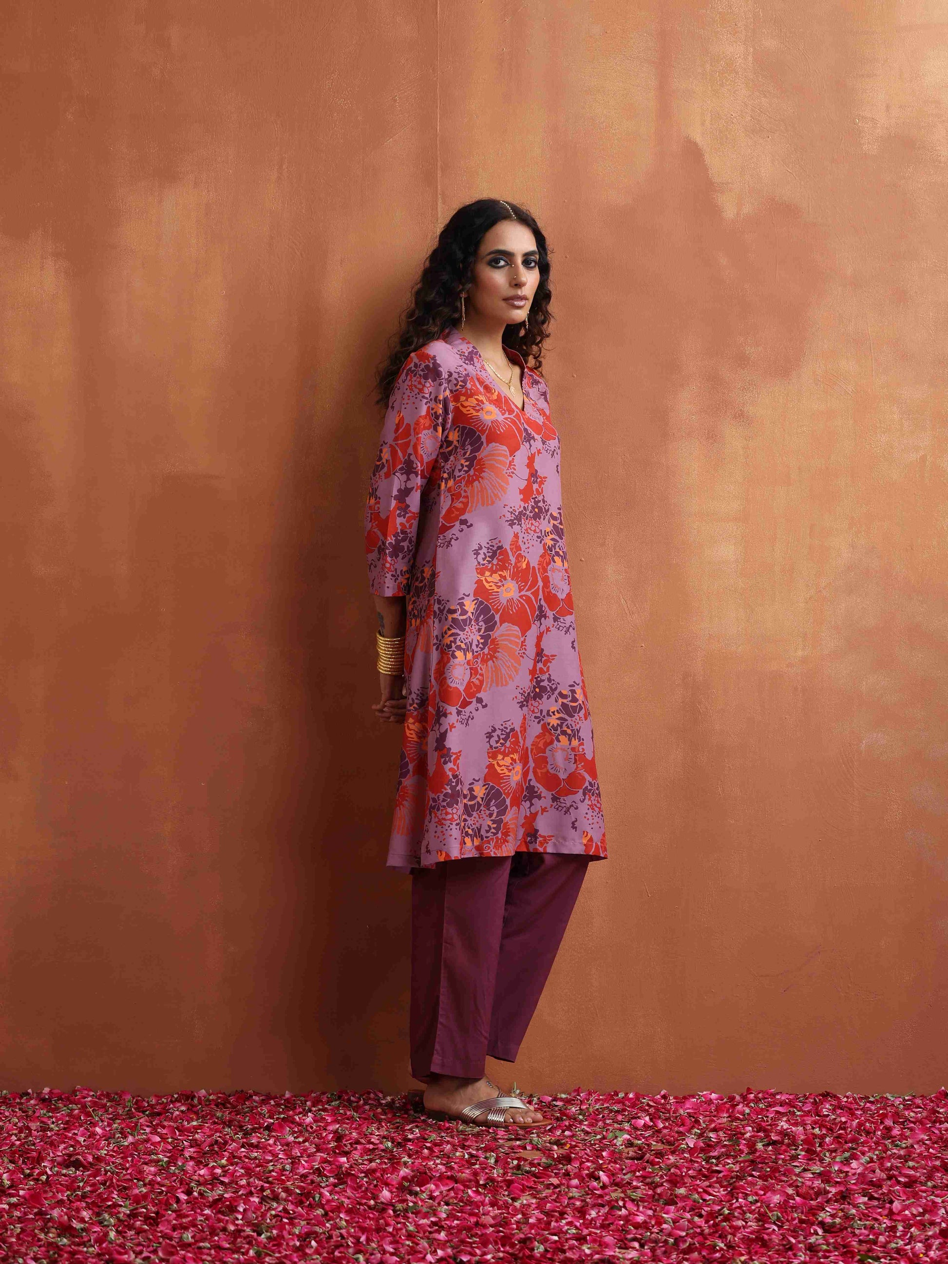 trueBrowns Purple Print Kurta Co-ord Set - Swadesiicart