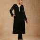 trueBrowns Black Velvet Sleeve Embroidered Kurta | Swadesiicart