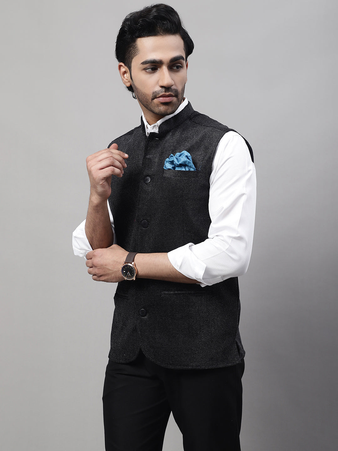 Even Apparels Men's Black Nehru Jacket With Welt Pockets | Swadesiicart