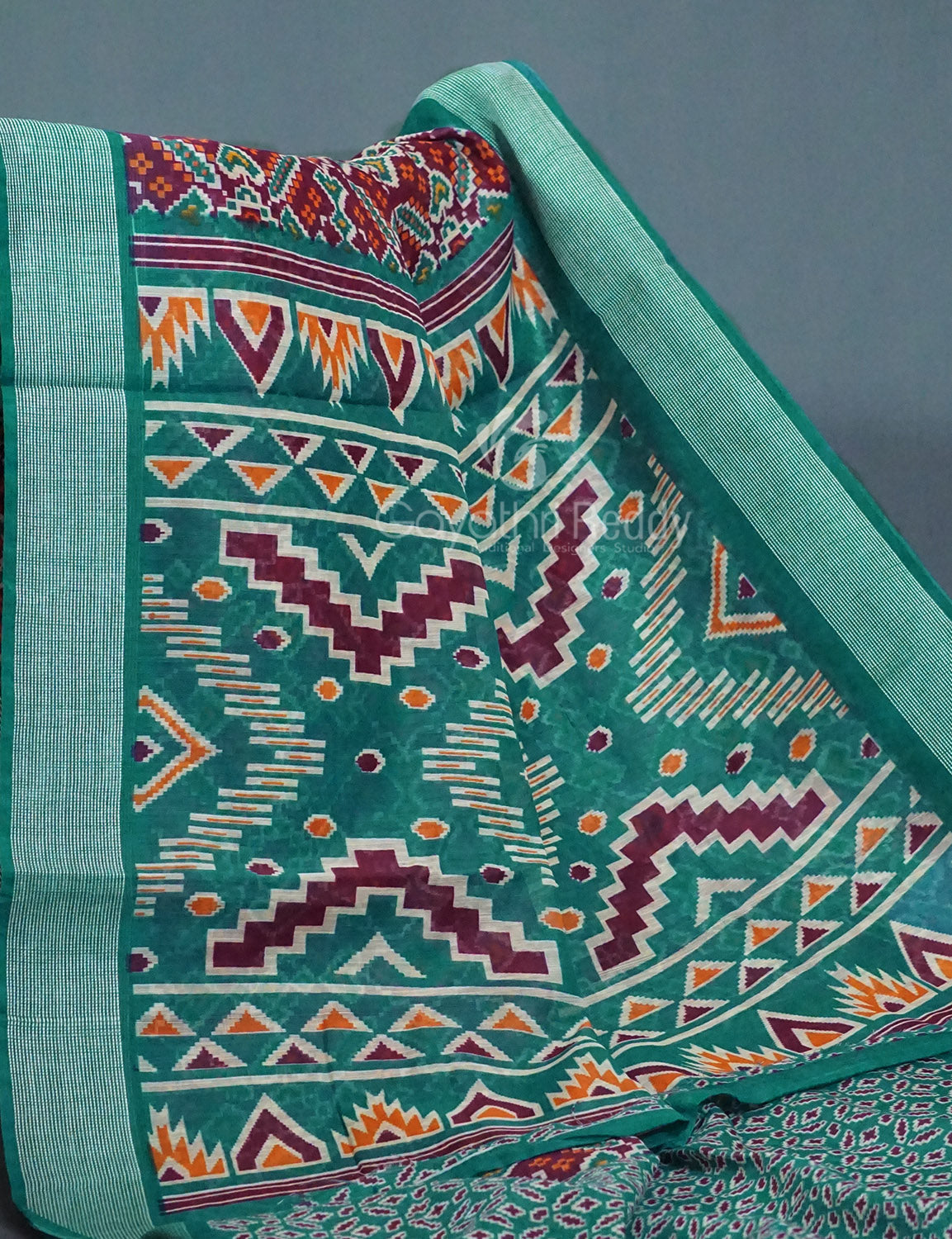 Shades of Dark Jamuni Colour Patola Print Semi Chanderi Saree By Gayathri Reddy Designer Studio | Swadesiicart