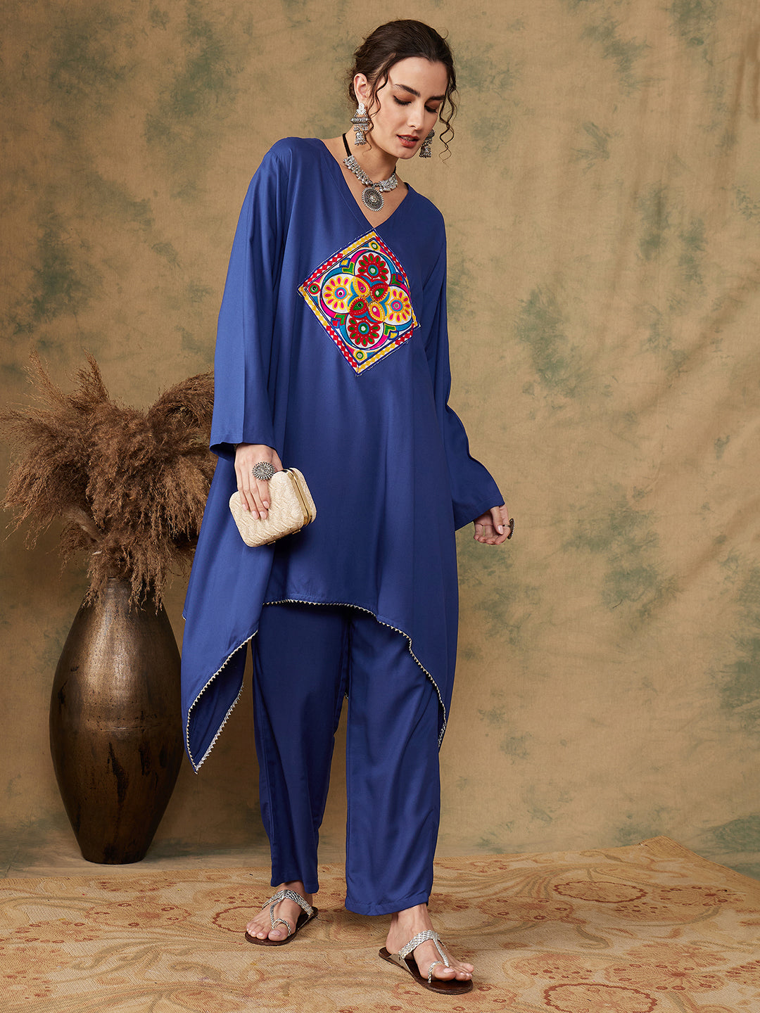 InWeave Women's Ink Blue Square Yellow Patch Work Assymentrical Kurta Set - Swadesiicart