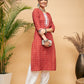 InWeave Women's Rust Small Floral Print Lace Straight Kurta - Swadesiicart