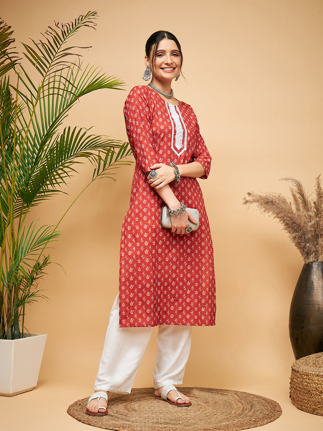 InWeave Women's Rust Small Floral Print Lace Straight Kurta - Swadesiicart