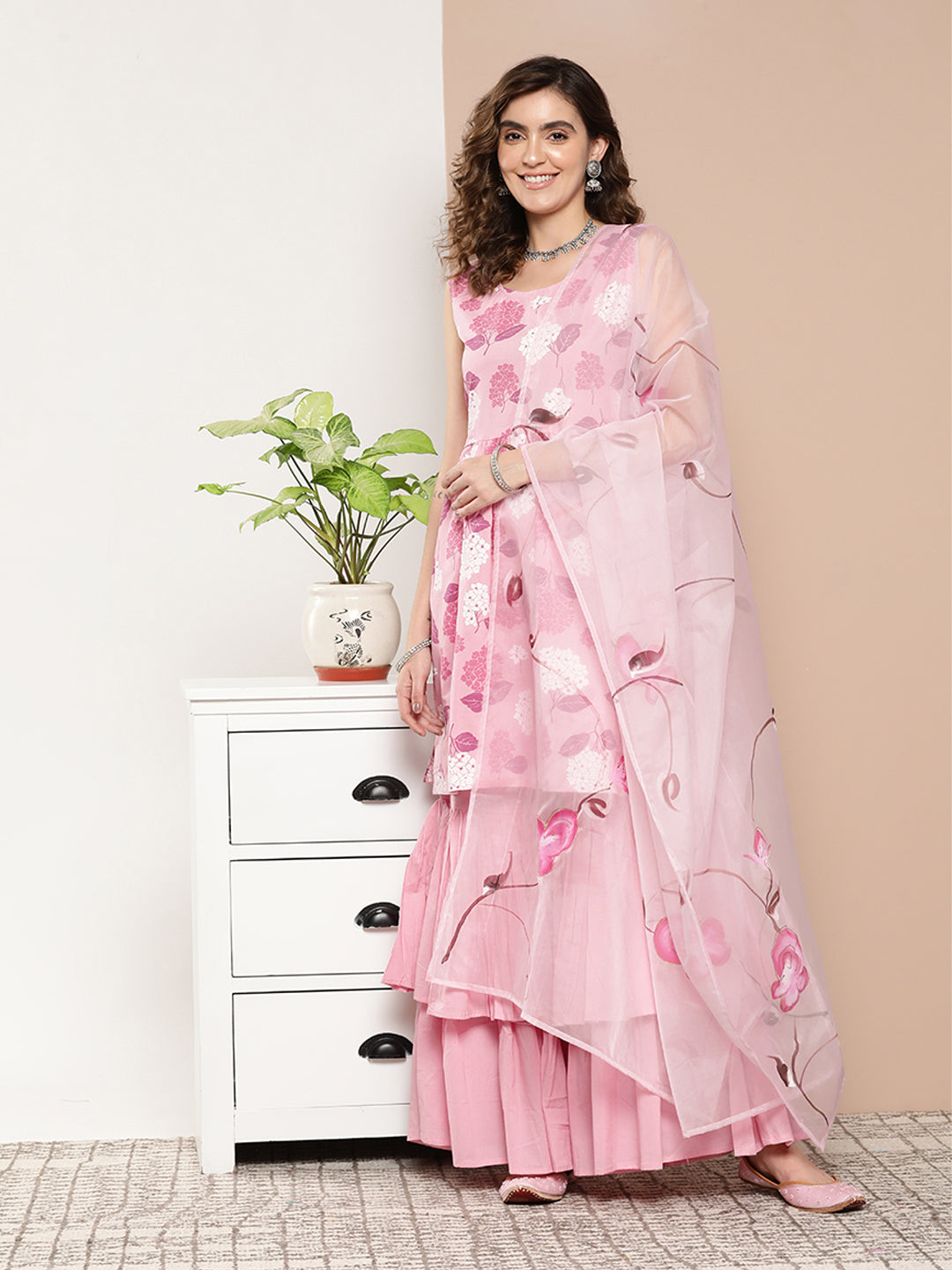InWeave Women's Pink Printed Chintz Tiered Sharara Set With Dupatta - Swadesiicart