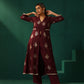 trueBrowns Wine Geometric Viscose Silk V-Neck Front Slit Kurta Pant Set | Swadesiicart