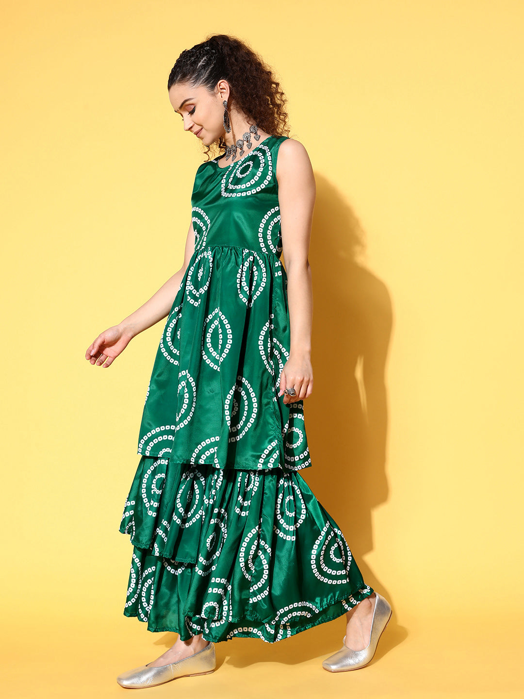 InWeave Women's Green Bandhani Motif Tiered Sharara Set - Swadesiicart