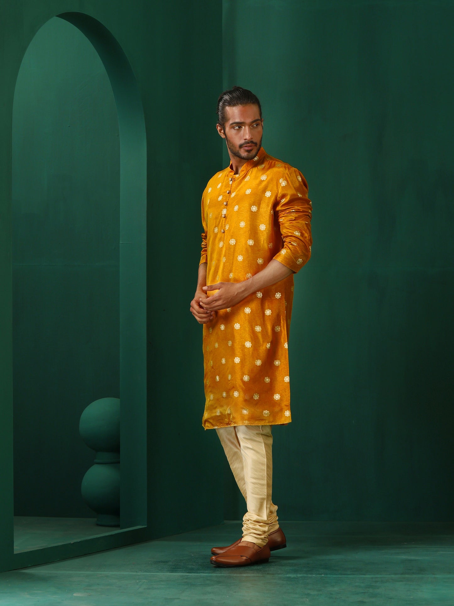 trueBrowns Men's Mustard Geometric Floral Viscose Silk Long Kurta | Swadesiicart