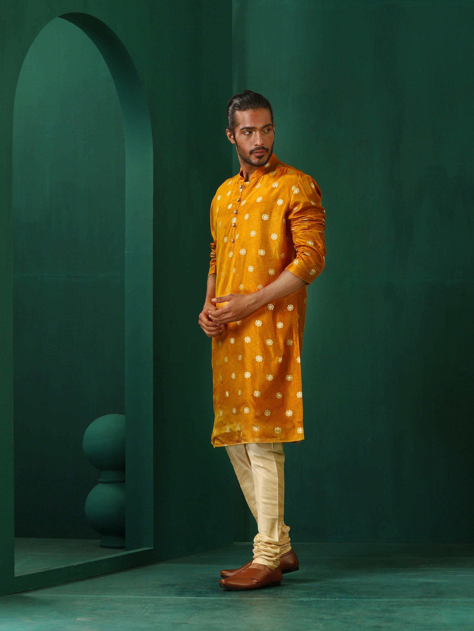 trueBrowns Men's Mustard Geometric Floral Viscose Silk Long Kurta | Swadesiicart