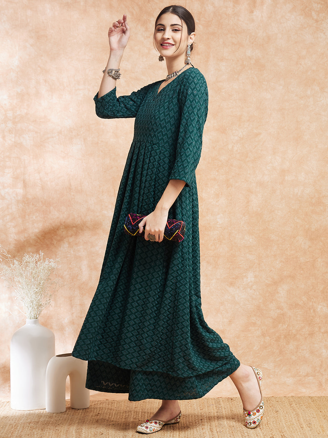 InWeave Women's Forest Green Chikankari Long Anarkali Kurta Sharara Set - Swadesiicart