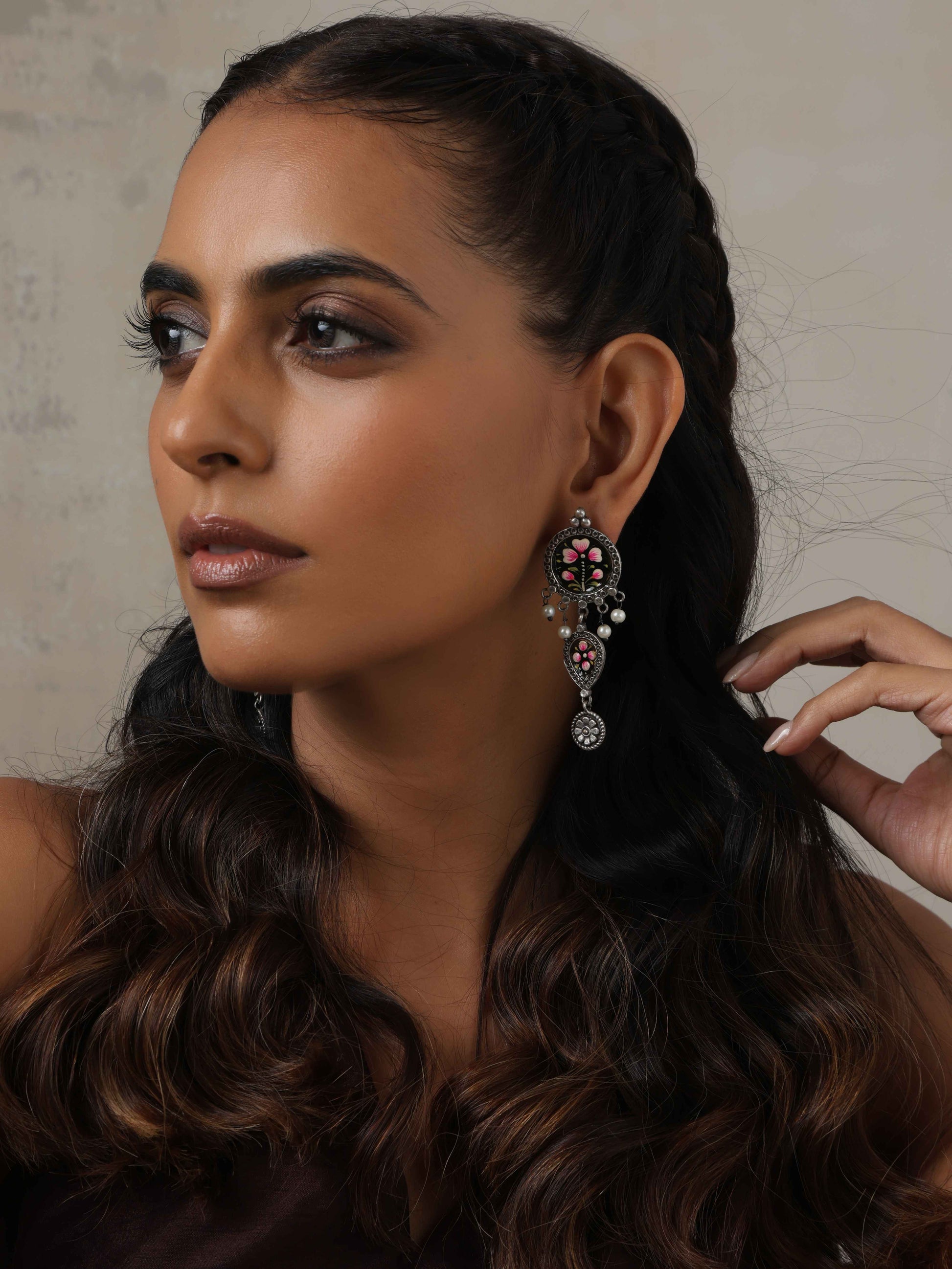 trueBrowns Silver Tone Handpainted Dangle Earrings - Swadesiicart