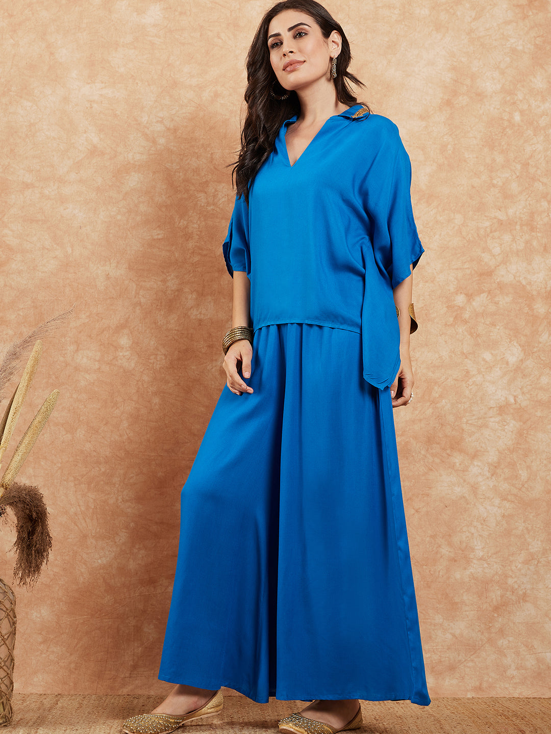 InWeave Women's Ink Blue Solid Collar Neck Boho Top Bottom Set - Swadesiicart
