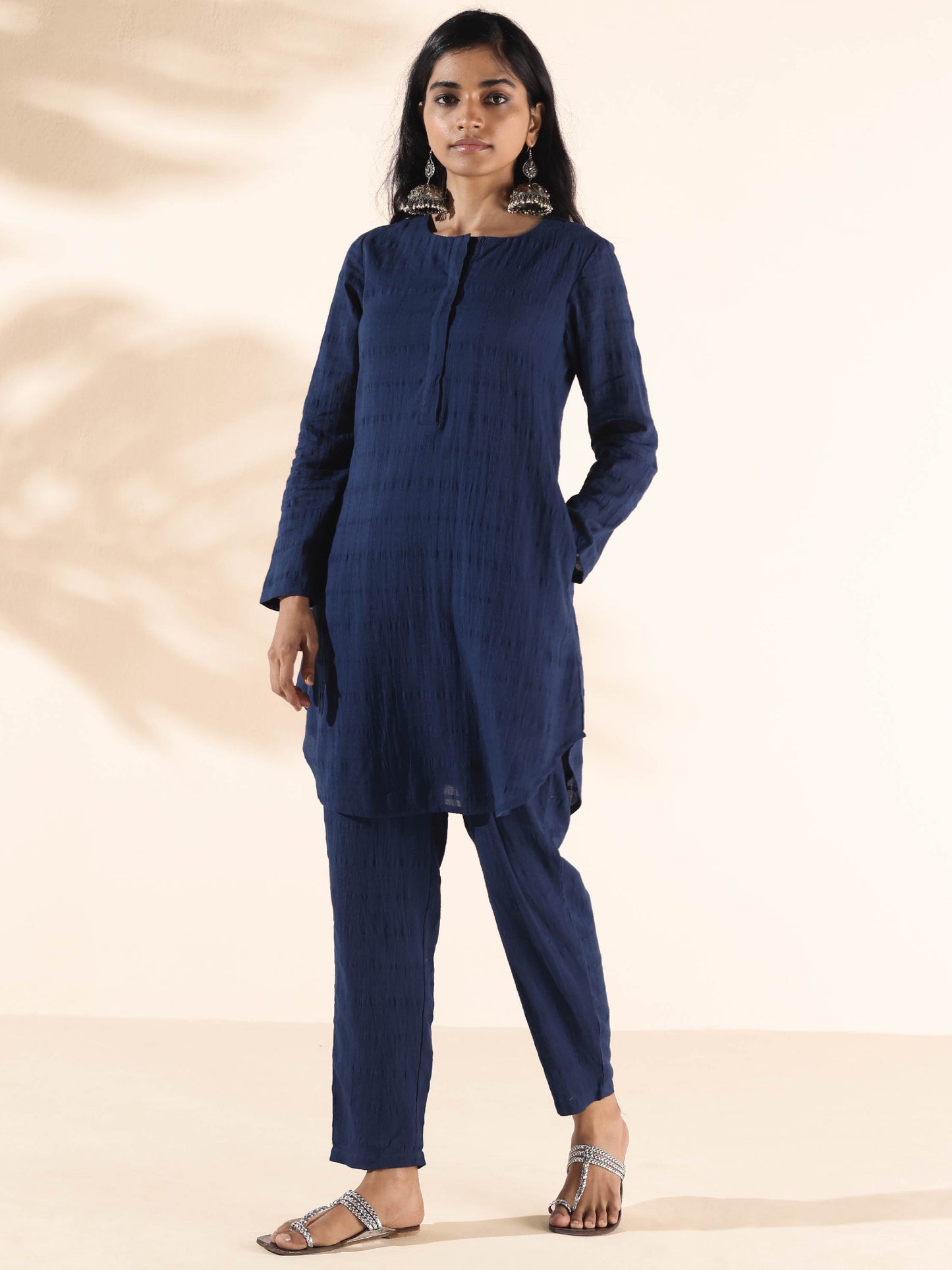 trueBrowns Blue Cotton Dobby Relaxed Co-ord Set - Swadesiicart