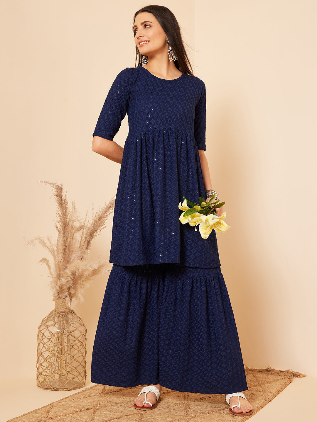 InWeave Women's Royal Blue Chikankari Kurta Set With Sharara - Swadesiicart