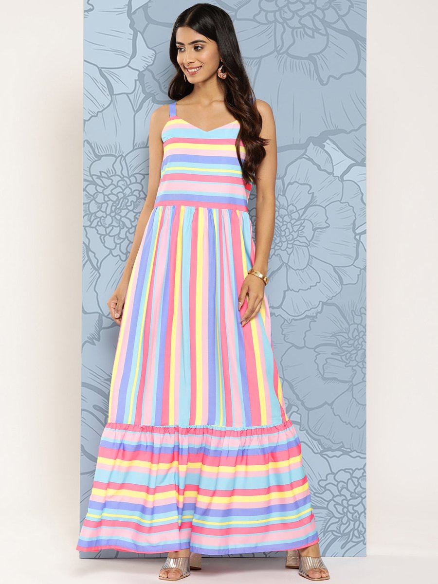 Ahalyaa Striped Crepe Maxi Ethnic Dress | Swadesiicart